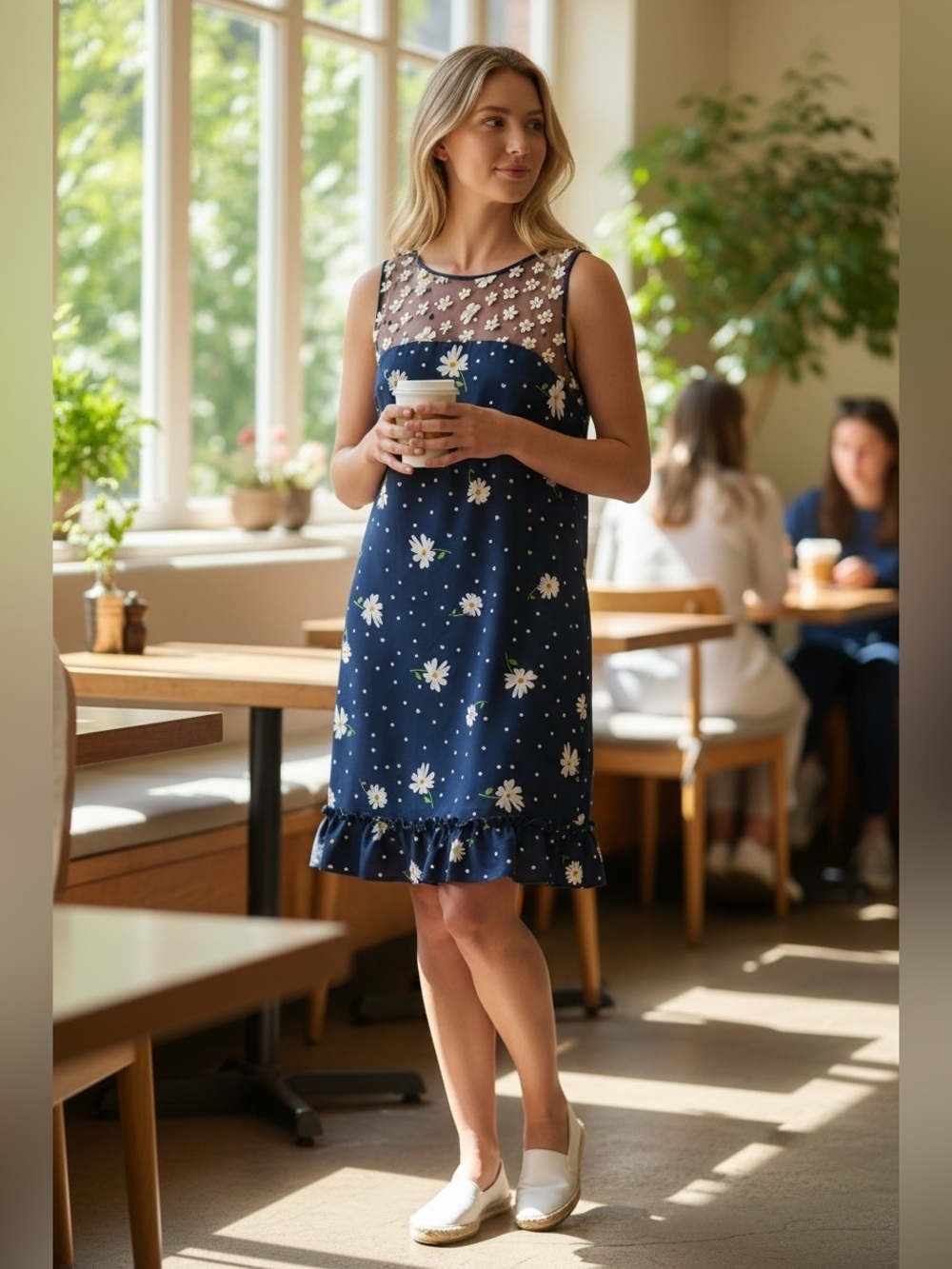 Karl Lagerfeld Navy Blue Floral Midi Dress with White Daisies